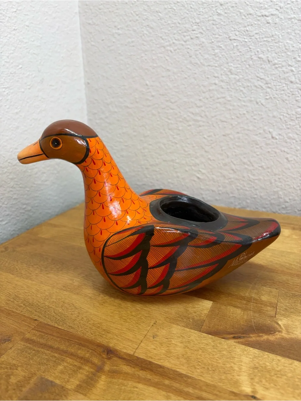 Signed M Palacios Mexico Tonala Pottery Bird Bud Vase Hand Painted Folk Art